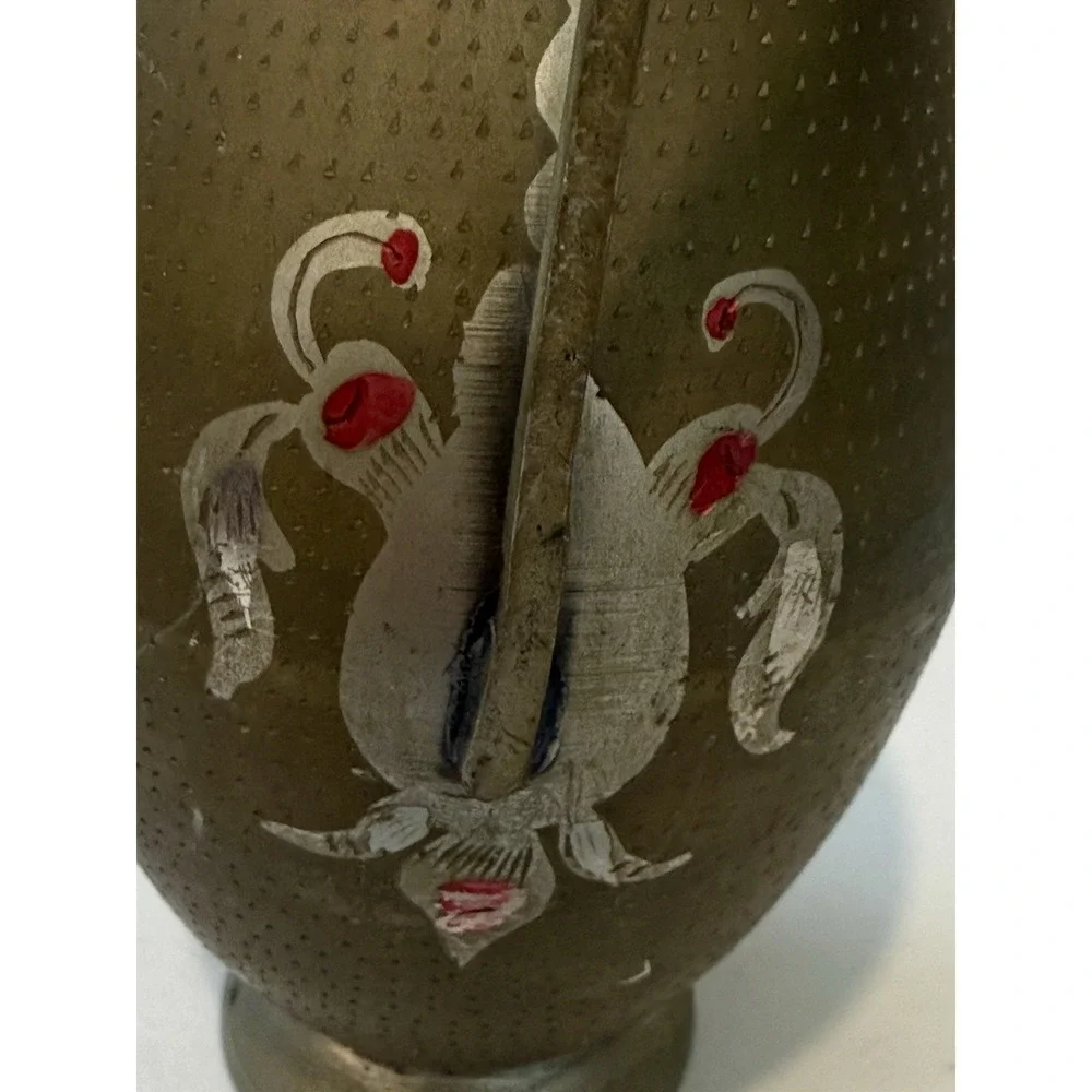 Vintage India Brass Water Pitcher Circa‎ Etched Painted Elegant Curved Handle